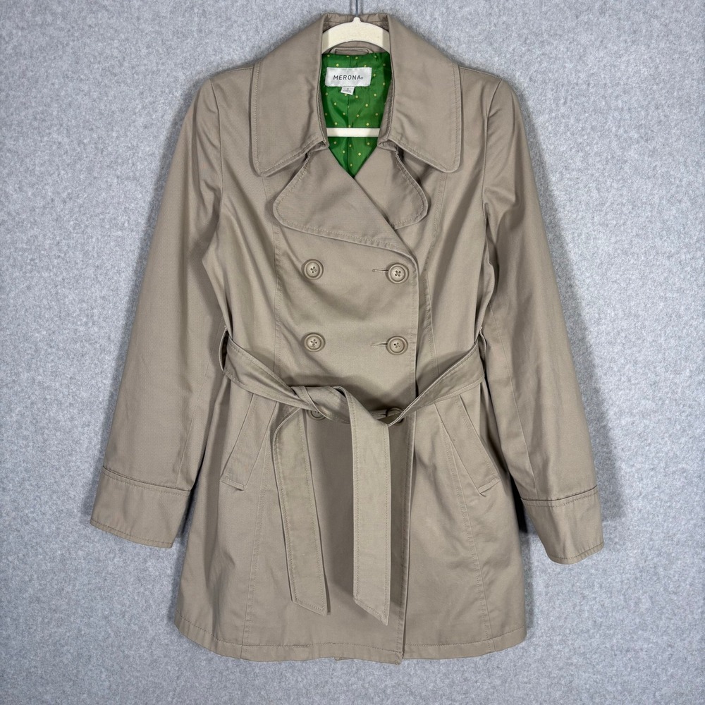 Y2K Merona Double Breasted Trench Coat Small Belted Satin Polka Dot Lined Pocket